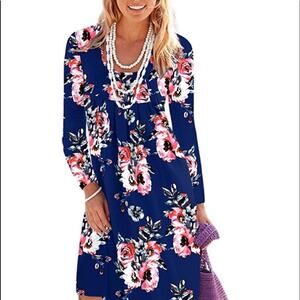 Dearcase Dress Blue Pink Floral Jersey Long Sleeve V-Neck Swing Dress Large NEW